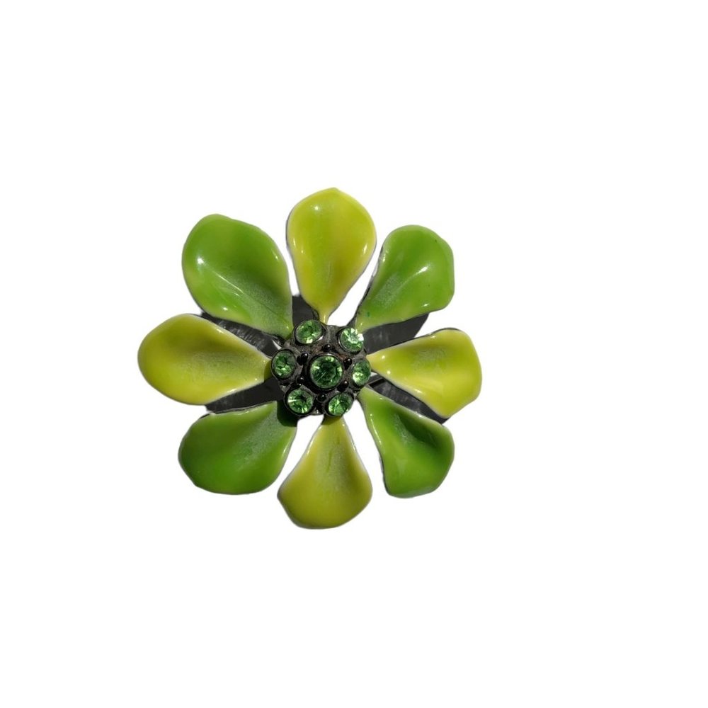 Enameled Flower Pin Brooch Green Petals Green Rhinestone Anther Silver Backside